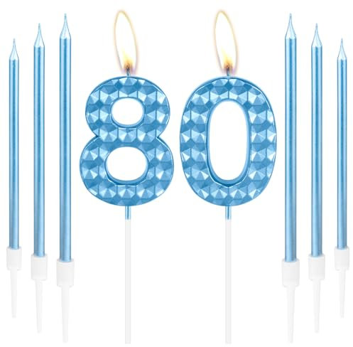 mciskin 80th Birthday Decorations - Blue Number 80 Candles, Cake Topper for Women, Men, Parties & Weddings