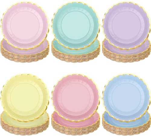Peony man 48 Pcs Pastel Scalloped Paper Plates Disposable Macaron Party Plates 9 Inch Gold Edge Colorful Dinner Plates Pastel Rainbow Dessert Plates for Wedding Birthday Baby Shower Party Supplies