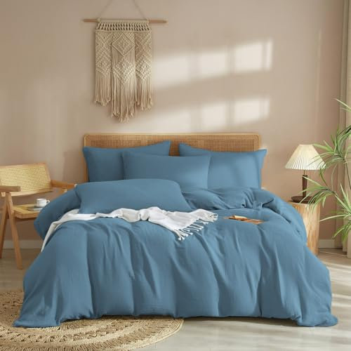 Luofanfei Baumwolle Bettwäsche 155x220 Musselin Petrol Blau Renforce Uni Sommer Kühlende Boho Bettwäsche Set Knitterlook Weiche Bettbezug Bügelfrei mit Reißverschluss und Kissenbezüge 80x80cm