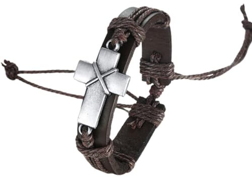 Vintage Men's Cross Leather Rope Link Bracelet Retro Christian Religious Prayer Wrap Bracelets Bangles Size Adjustable