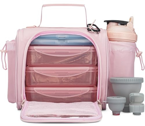 Hydra Cup 10-teilige isolierte Lunchbox mit Meal Prep Containern (Rosa) | Enthält 3 große 907.2 g Behälter, 793.8 g Shaker-Flasche, 2 Proteintrichter, Pillendose, 2 Kühlakkus, Gepäckgurt