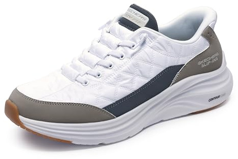 Skechers Men's Contour Foam Cozy Fit Hands Free Slip-in Sneaker, White/Taupe, 9.5 UK Wide