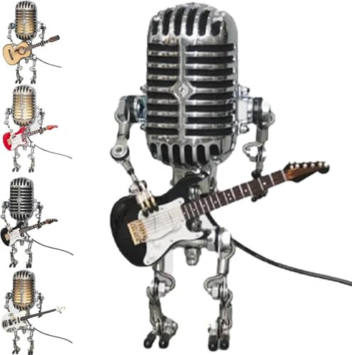 Vueeze Mic Rockbot, Sherum Mic Rockbot, Dotmalls Mic Rockbot, Retro Style Microphone Robot Table Lamp, Holding Guitare Vintage Night Light, Metal Microphone Robot Lamp (Black2)