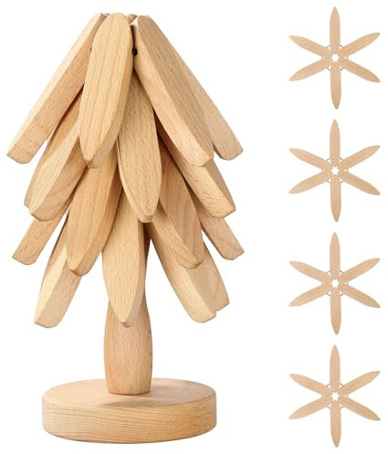 Markcco Dessous de Plats en Bois pour Plats Chauds, 4 Dessous de Plats en Bois + 1 Support rangé comme Un Sapin de Noël, Dessous de Plat en boi de hêtre pour casseroles, poêles, Bols, théières