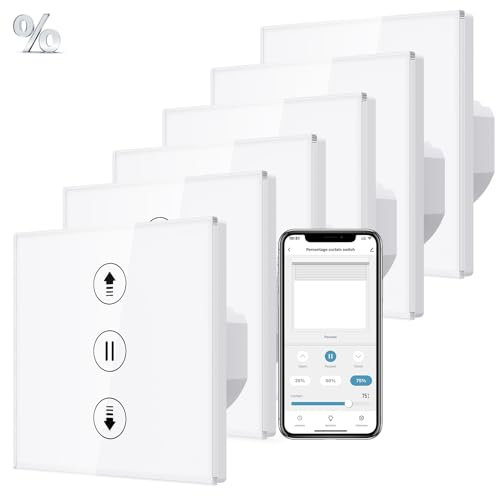 Interruptor de Persiana Inteligente de 6 Piezas con Control por Porcentaje, 80 * 80mm Interruptor de Persiana Wifi, Control por Voz Compatible con Alexa/Google Home/Smart Life, Requiere Cable Neutro