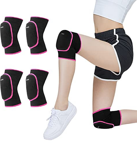 EULANT 2 pares de rodilleras de voleibol, elásticas rodilleras para danza, balonmano, scooter, gimnasia, fútbol, lucha en línea, bicicleta de montaña, coderas para niños y adultos (Negro/Rosa, Medium)