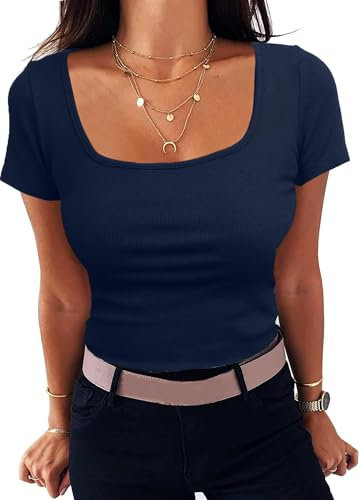Aottori Summer Tops for Women UK Ladies Short Sleeve T-Shirts Square Neck Ribbed Knit Slim Fit Tee Casual Lightweight Basic Tunic Top Navy L