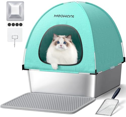 MeoWant Stainless Steel Cat Litter Box with Lid - Extra Large Enclosed Removable Metal Litter Tray with High-Sided Oxford Fabric Cover, Litter Scoop&Mat, Non-Sticky, Easy Cleaning for Big Cats