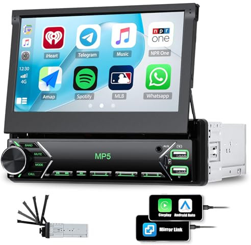 CAMECHO Radio de Coche 1 DIN con Carplay, Pantalla táctil de 7 Pulgadas Radio Bluetooth Pantalla retráctil Manual con Android Auto Mirror Link FM/RDS/Control del Volante/Dual USB/AUX