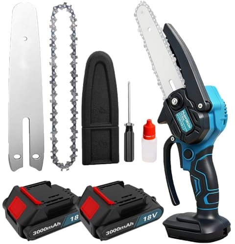 Mini Kettensäge mit Akku 2x 3000mAh, 6 Zoll Akku Kettensäge (mit 2 Akkus) | mit Teleskopstiel, Handkettensäg Elektrisch Chainsaw für Gartenscheren Astschere Holzschneidenz DIY