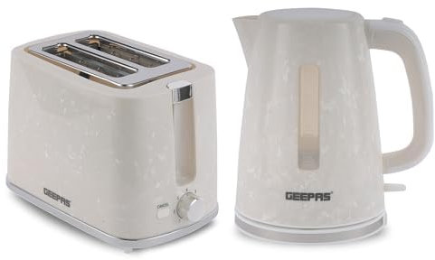Geepas 1.7L 2200W Cordless Electric Kettle, 900W 2 Slice Bread Toaster Combo Set | 360° Rotational Base, Concealed Heating & Strix Control 7 Level Browning Control, Crumb Tray | Premium Design White