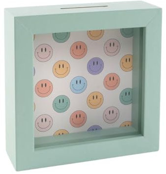 Spardose für Kinder aus Holz und Glas, Design Happy Face, Smile, Hellblau, 15 x 15 x 5 cm