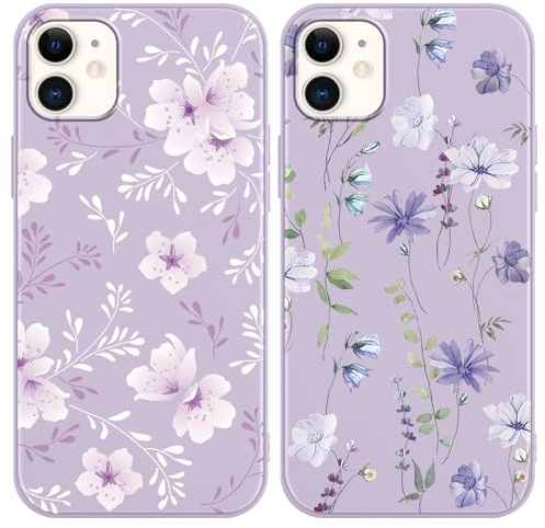 Phoona 2 Pack Cute Purple Flowers Print Phone Case for iPhone 12 Mini 5.4,with Floral Aesthetics Pattern Design Soft Silicone Cases,Shockproof Bumper Protector Camera Girls Women Cover