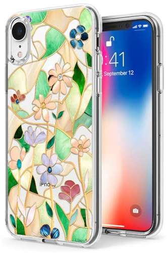 Unov Case for iPhone XR, Crystal Clear, Glass Stained Flower | Anti-Slip Embossed Pattern, Shockproof Slim Protective, Anti-Scratch TPU