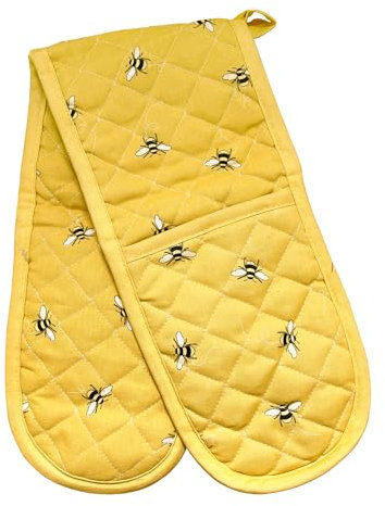 BlissLo Cotton Double Oven Gloves Heat Resistant, Machine Washable Oven Gloves Double Protects Hands, Attached Oven Mitts Durable, Heat Proof Pot Holders for Kitchen with Hanging Loop - Yellow Flower