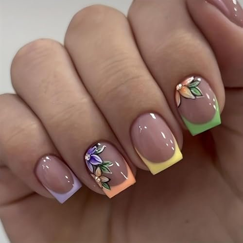GlamRays Lot de 24 Faux Ongles Carrés Courts Français à Motifs Floraux avec Finition Brillante en Acrylique - Ensemble Couleurs Printanières pour Manucure Femme