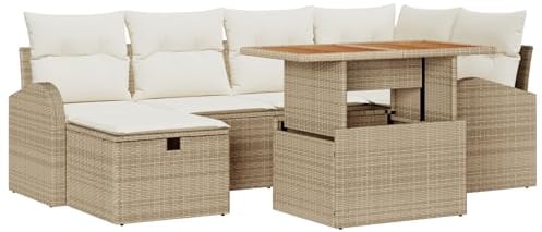 vidaXL 7-teiliges Gartensofa-Set mit Kissen in Beige aus Poly Rattan, mit Stauraum und verstellbaren Armlehnen. Perfekt für deinen Garten, die Terrasse oder als Moderne Loungemöbel.