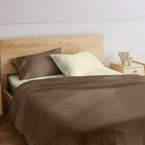 NARCISO - Completo Lenzuola Matrimoniali 4 Pezzi Bicolore, Set Lenzuola Matrimoniali in Microfibra Traspirante ed Anallergica, Biancheria da Letto dal Design Moderno (Panna/Sabbia)