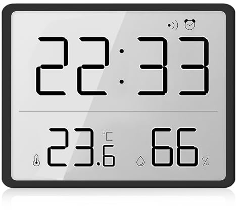 WIYETY Digitaler Wecker: Klein Reisewecker Digital Uhr mit mit Temperatur Luftfeuchtigkeit, 12/24 Stunden ℃/℉, Wecker Magnetische Wandaufhängung für Home Kitchen Badezimmer (Schwarz)