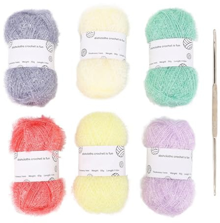 Scrubby Yarn Sparkle Pastel Glitter Crocheting Dishcloth Knitted Doll Bag High Shine Multi Functional Yarn for Handmade Crafting Dish Towels Bags 6 Rolls Cotton Thread Stainless