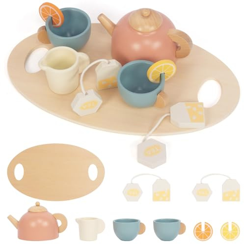 WoodenFun Blau Holz Tee Party Set Tassen Kuchen Schokolade Rollenspiel ab 3J Geschenk(Holzfarbe)