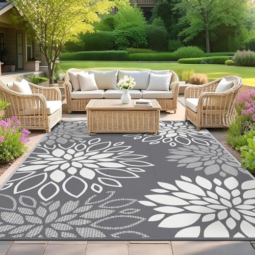 SHACOS Outdoor Teppich Wetterfest, Wendbarer Vorzeltteppich UV-Beständig, Balkon Teppich Leicht Kunststoff, für Camping Wohnmobil Garten Terrassen, Blumen Grau, 150 x 240 cm
