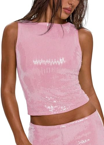 Fhykiss Women's Sparkly Sequin Tops Glitter Shiny Tank Top Going Out Sleeveless Crop Y2k Rave Tops Party Night Clubwear Pink S