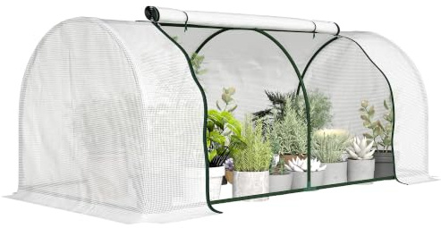 Outsunny Gewächshaus mit Gitterfolie Winterfest 200 x 100 x 80 cm Weiß | Foliengewächshaus aus Stahl, Treibhaus für Balkon, Garten, Tomatenhaus, Tomatengewächshaus für Tomaten, Gemüse