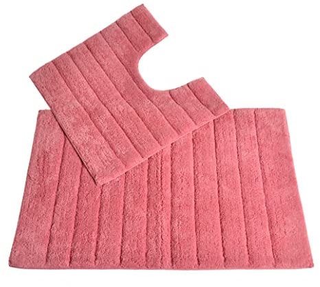 Allure Ribbed Design 2 Piece Bath and Pedestal Toilet Mat Set, 100% Cotton (Rose Pink)