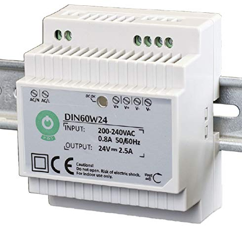 Entrée européenne AC / Puissance de sortie 60 W / 24 V Indicateur d'alimentation LED Refroidissement par convection d'air Isolation de classe II Peut être installé sur un rail DIN TS-35 / 7,5 ou 15