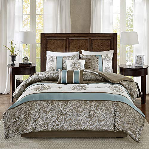 Madison Park Comforter Faux Silk-Traditional Luxurious Jacquard Design All Season Set, Matching Bed Skirt, Decorative Pillows, King(104x92), Blue 7 Piece