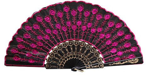 Accessotech Spanish Lace Silk Folding Hand Held Dance Fan Flower Pattern for Party Wedding (Pink/Black)
