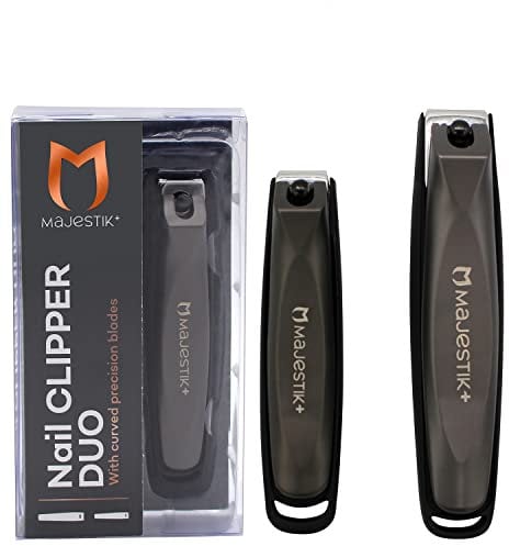 Nail Clippers Set Black 2 PCs Professional Stainless Steel Fingernail & Toenail Clippers with Nail Catcher Curved Edge Design Rust Proof Nail Cutter for Thick Nails By Majestik+