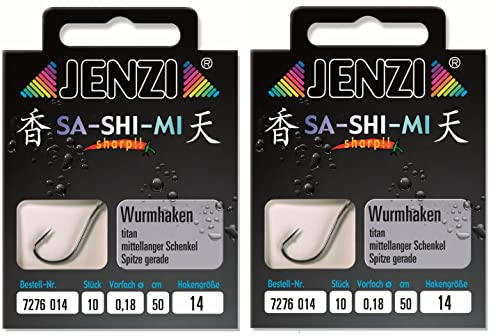 Set # 2 Packungen (20 Stück) Wurmhaken von Jenzi, fertig gebunden, Hakengrößen 2 4 5 6 8 10 12 14, 50 cm +gratis Petri Heil! Aufkleber (Hakengröße 4)