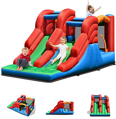 COSTWAY Castello gonfiabile per bambini, con Doppio Scivolo, 3 in 1 con Scivolo Parete per Arrampicarsi e Trampolino, 3-10 anni, Interno ed Esterno, con Borsa di Trasporto e Kit di Riparazione