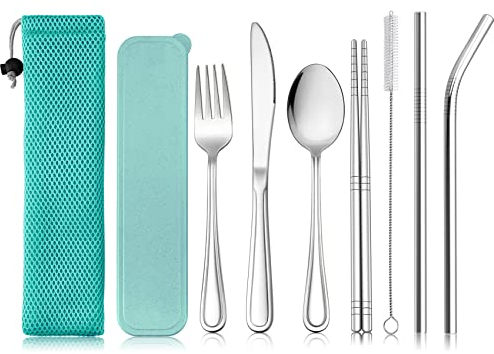 Haware 9 Piece Individual Cutlery Set, Stainless Steel Portable Flatware for 1, Including Knife, Fork, Spoon, Chopsticks, Cleaning Brush, Straws, Case & Bag, Portable & Reusable (Green)