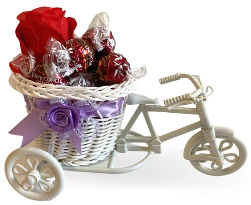 Triciclo Regalo Pasqua 2025-200gr Cioccolatini Doppio Cioccolato + Rosa Rossa Artificiale + Bicicletta Decorativa Con Cesto/Porta vaso - Regalo Uomo|Donna