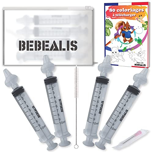 Mouche Bebe | Seringue Nasale Bébé [Normes NF] + Embouts Seringues Silicone + 1 Pointe Pipette Serum Physiologique | Trousse Soin Irrigateur Nez Enfant et Nourrisson (Pack x4 + 80 Coloriages)