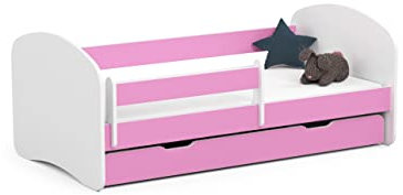 ADGO Smile Set Kinderbett + Matratze 160x80 cm, Bett mit Rahmen, Schublade und Barrieren, fürs Kinderzimmer, Jugendbett mit Rausfallschutz, Lattenrost Kinderbetten (Versand in 2 Paketen) (Rosa)