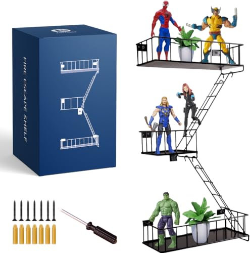 KOTIJOKI Fire Escape Wall Shelf – New York Decorative Floating Shelf – Wall Art Ladder Shelf – Black Metal Trinket Shelves for Bedroom, Home, Office, Storage and Display (2.5-Tier)