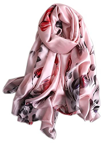 Silk Scarf Women Chiffon Shawl Stain Neckerchief Long Head Wrap Lightweight Scarf Ladies Hijab Belt Vintage Bridal Shawl Chiffon Scarf Muslim Cloth floral Christmas Scarf (Pink Lotus.)