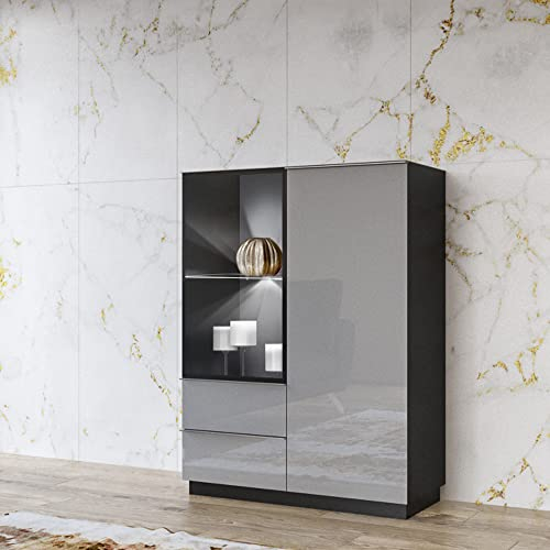 Lomadox Highboard Vitrine modern grau mit Beleuchtung und Glasfronten, B/H/T: ca. 100/136/48 cm