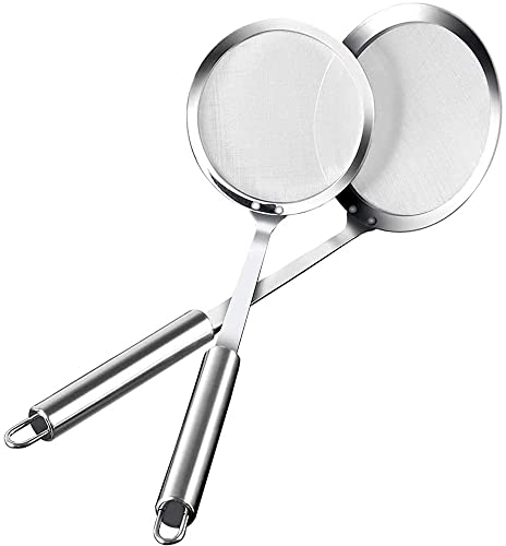 Aiareozy Schaumkelle Edelstahl, 2 Stücke Schaumlöffel, Abseihlöffel, Küchensieb Fein, Frittierkelle, Siebkelle, Groß Löffel Filter Set für Wok Zubehör, Filter Skims Fat Scum, Skimming Fett Schaum