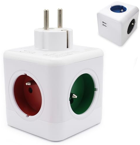 FISHTEC - Cube Multiprise USB 4 Fiches Colorées et 2 Ports Stickers d'Identification Couleurs Secteur sans Fil pour Prises Murales, Multiprises, etc.