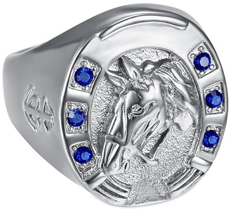 BOBIJOO Jewelry - Bague Fer à Cheval Chevalière Homme Voyageur Gitan Acier Inoxydable Argent Saphir Bleu - 75 (15 US)