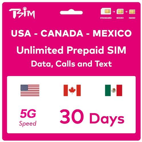 TSIM Prepaid USA SIM card for 30 days travel | Unlimited 4G/5G high-speed data in the USA + 5GB data in Canada and Mexico | Unlimited local calls + free incoming calls & SMS
