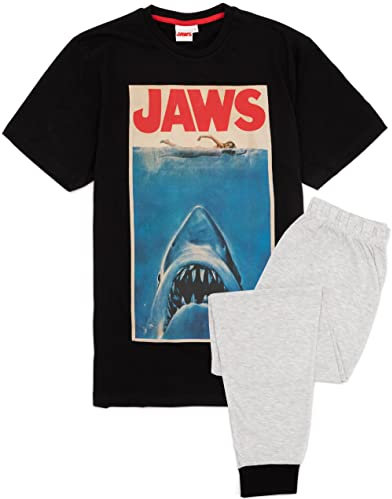 Jaws Movie Mens Pyjama Set | Adults Black Loungewear T-Shirt & Pants PJ Bundle | Classic Movie Poster Short Sleeve Tee Long Leg Bottoms Pajama | Film Nightwear Merchandise Gift for Him