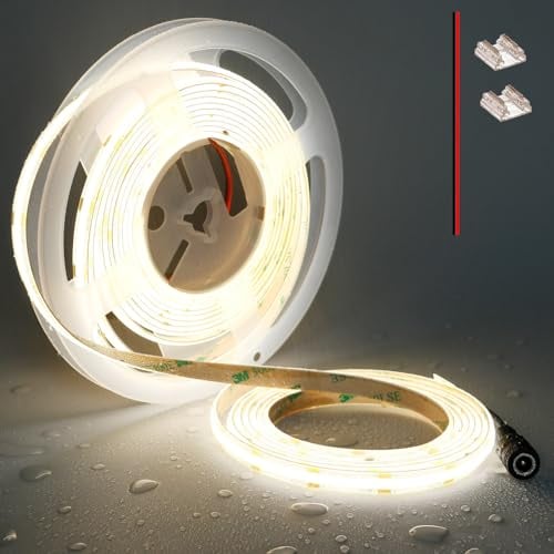 TOPAI COB LED Streifen 5M 4000K Wasserdicht IP65, 12V LED Strip Naturweiß Aussenbereich, CRI>90 Sehr Hell 4000lm LED Band Selbstklebend, 480LEDs/M Flexible Schneidbar für Küche Wohnzimmer