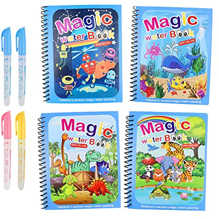 Lot de 4 plus 4 stylos Livre de Coloriage à l'Eau pour Enfants - Livre de Dessin Magique de l'Eau, Conseil de Peinture avec Eau Magique, Cahiers de Coloriage, les et les Petits Griffonneurs!