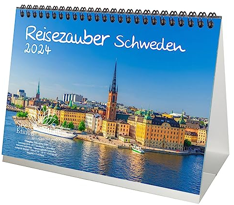 Reisezauber Schweden DIN A5 Tischkalender für 2024 Stockholm Urlaub - Geschenkset Inhalt: 1x Kalender, 1x Weihnachts- und 1x Grußkarte (insgesamt 3 Teile)